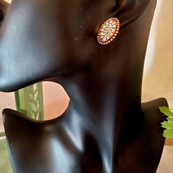 𝅺crystal Pave Coppertone Framed Oval Earrings, .75" - Picture 2 of 6